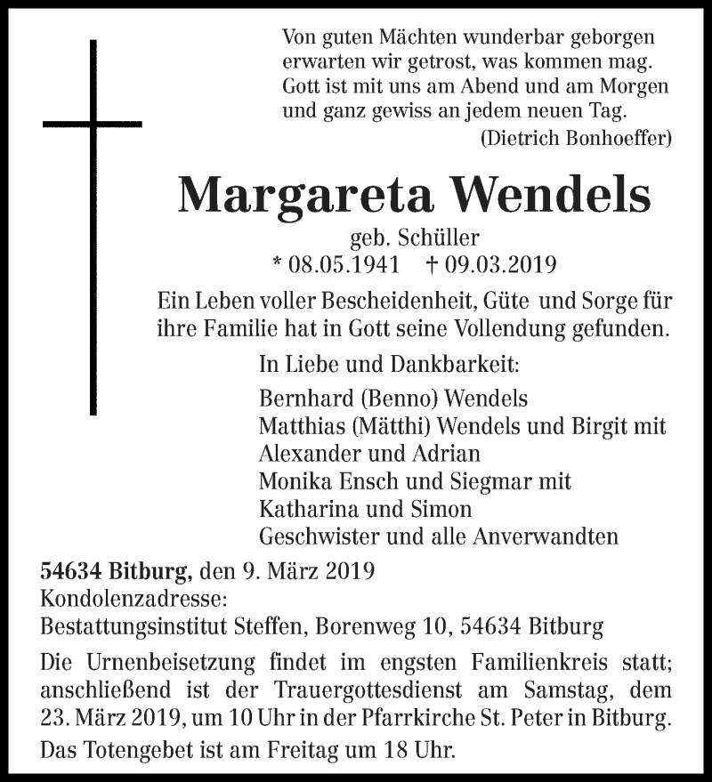  Traueranzeige für Margareta Wendels vom 16.03.2019 aus trierischer_volksfreund