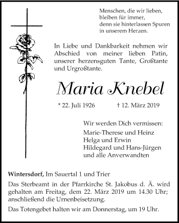 Traueranzeige von Maria Knebel von trierischer_volksfreund