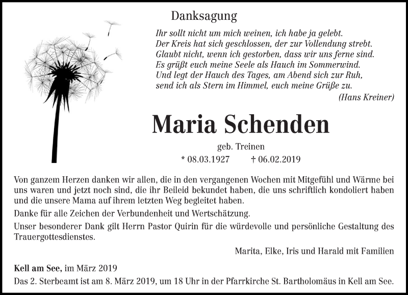  Traueranzeige für Maria Schenden vom 07.03.2019 aus trierischer_volksfreund