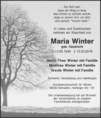 Traueranzeige von Maria Winter von trierischer_volksfreund