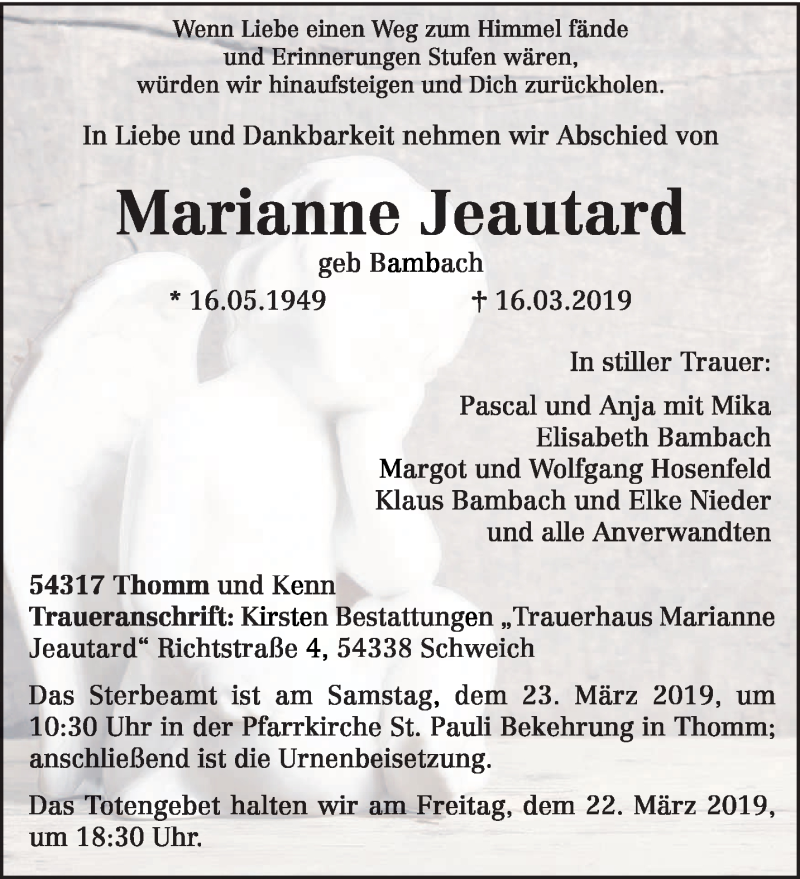  Traueranzeige für Marianne Jeautard vom 20.03.2019 aus trierischer_volksfreund