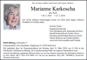 Traueranzeige von Marianne Karkoscha von trierischer_volksfreund