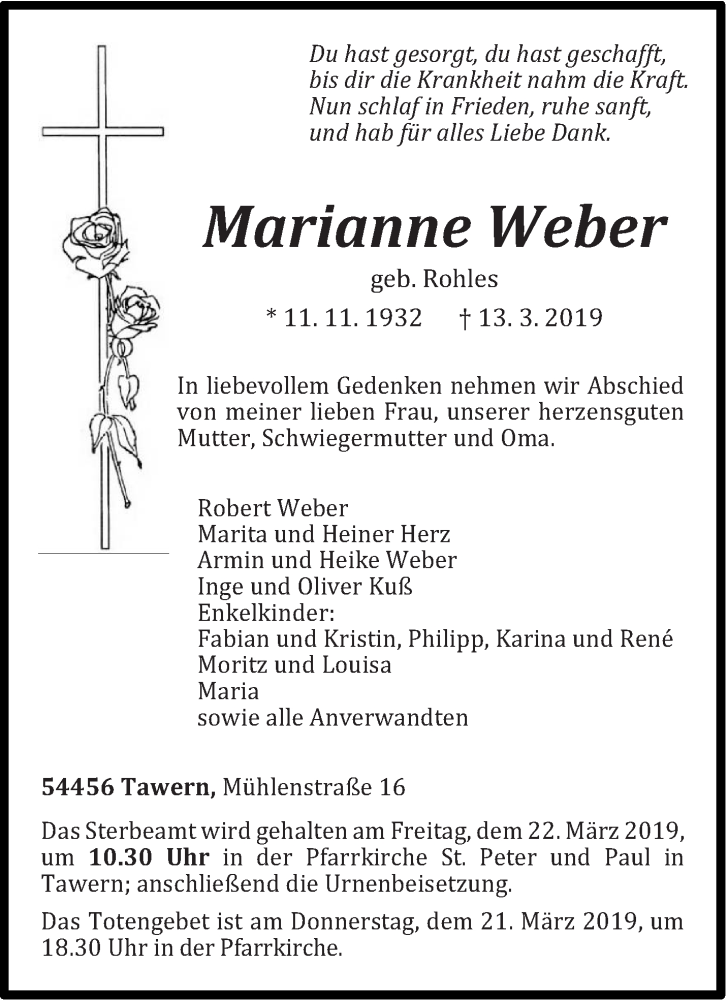  Traueranzeige für Marianne Weber vom 16.03.2019 aus trierischer_volksfreund