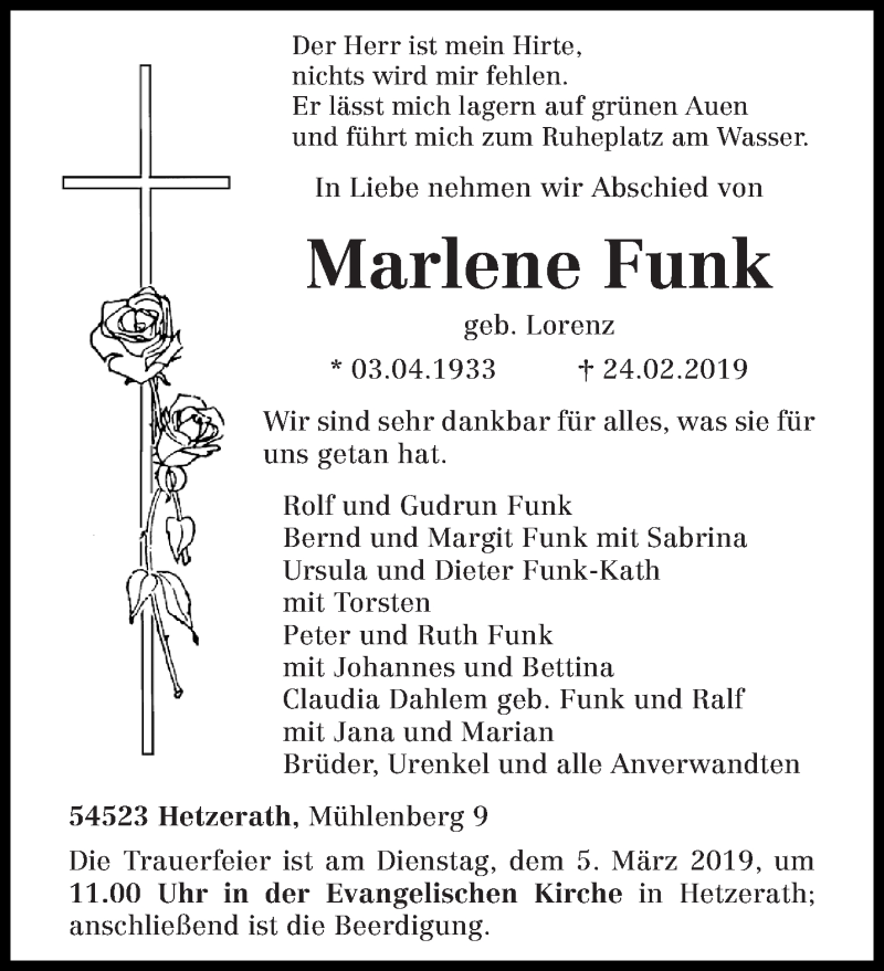  Traueranzeige für Marlene Funk vom 28.02.2019 aus trierischer_volksfreund