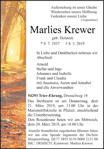Traueranzeige von Marlies Krewer von trierischer_volksfreund