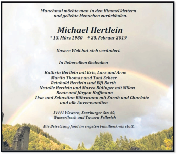 Traueranzeige von Michael Hertlein von trierischer_volksfreund