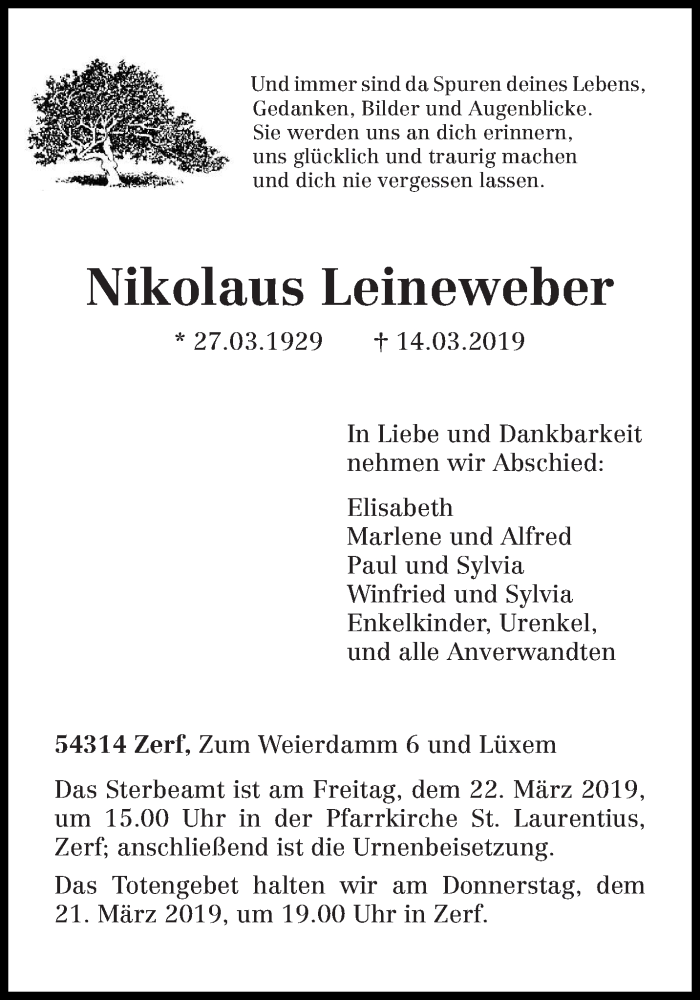  Traueranzeige für Nikolaus Leineweber vom 20.03.2019 aus trierischer_volksfreund