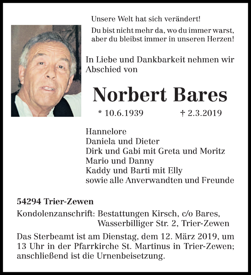  Traueranzeige für Norbert Bares vom 09.03.2019 aus trierischer_volksfreund
