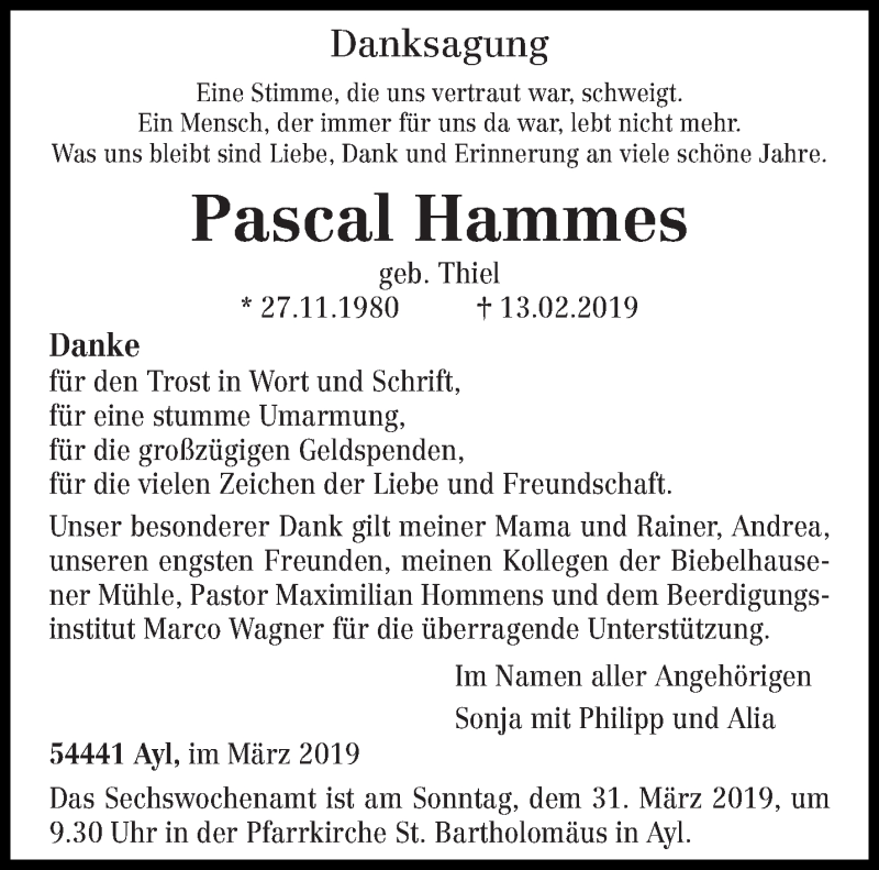  Traueranzeige für Pascal Hammes vom 23.03.2019 aus trierischer_volksfreund