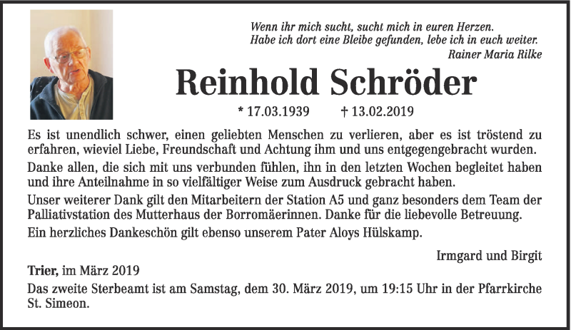  Traueranzeige für Reinhold Schröder vom 23.03.2019 aus trierischer_volksfreund