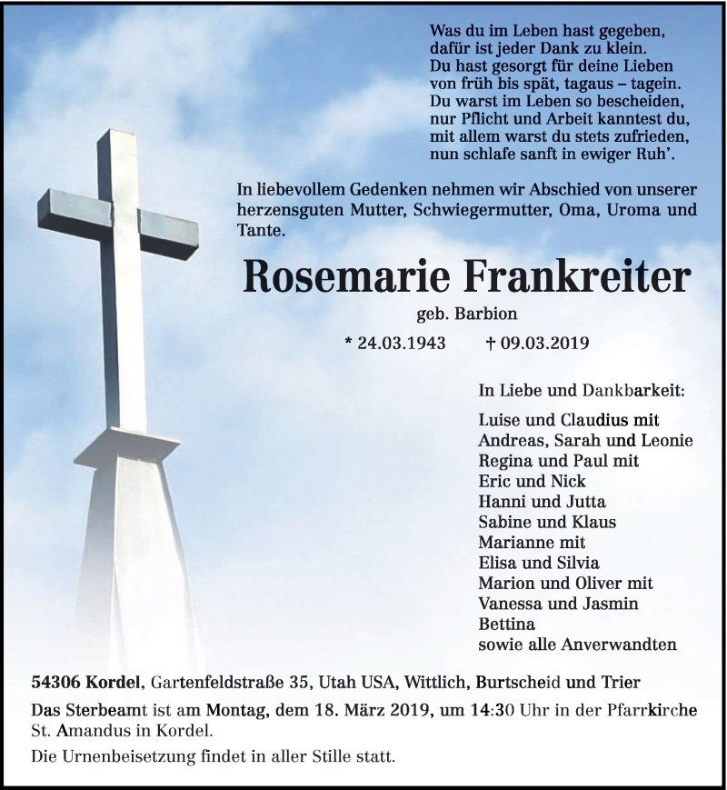  Traueranzeige für Rosemarie Frankreiter vom 13.03.2019 aus trierischer_volksfreund