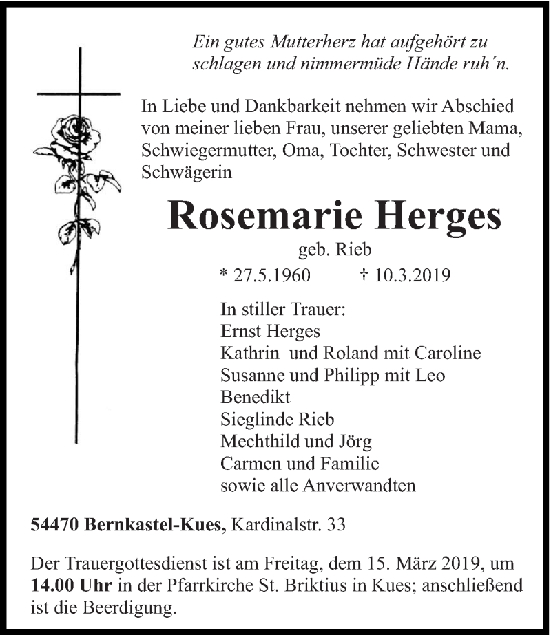  Traueranzeige für Rosemarie Herges vom 12.03.2019 aus trierischer_volksfreund