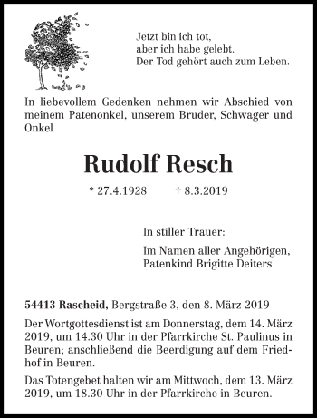 Traueranzeige von Rudolf Resch von trierischer_volksfreund