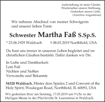 Traueranzeige von Schwester Martha Faß ssps von trierischer_volksfreund