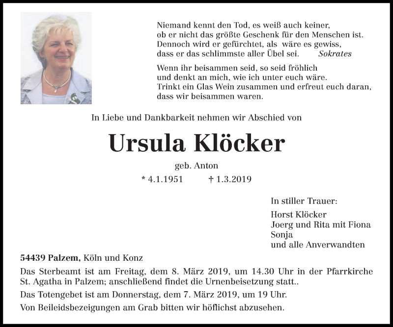 Traueranzeige für Ursula Klöcker vom 05.03.2019 aus trierischer_volksfreund