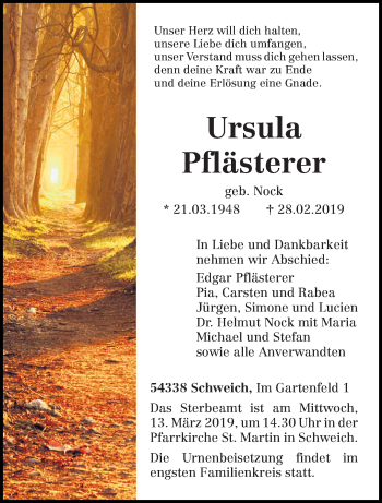 Traueranzeige von Ursula Pflästerer von trierischer_volksfreund