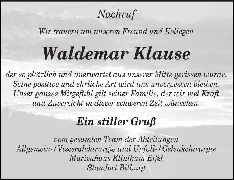  Traueranzeige für Waldemar Klause vom 07.03.2019 aus trierischer_volksfreund