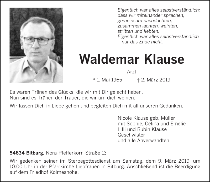  Traueranzeige für Waldemar Klause vom 07.03.2019 aus trierischer_volksfreund