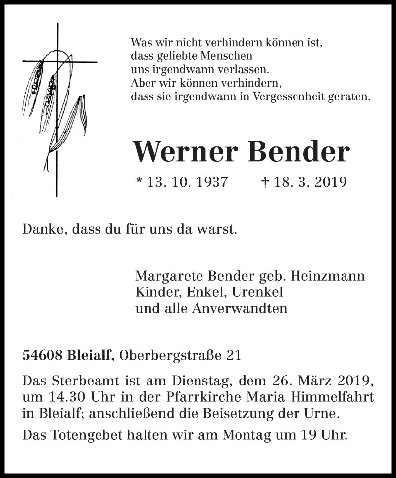  Traueranzeige für Werner Bender vom 20.03.2019 aus trierischer_volksfreund