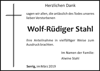 Traueranzeige von Wolf-Rüdiger Stahl von trierischer_volksfreund