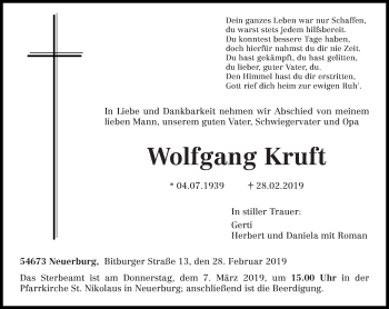 Traueranzeige von Wolfgang Kruft von trierischer_volksfreund
