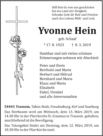 Traueranzeige von Yvonne Hein von trierischer_volksfreund
