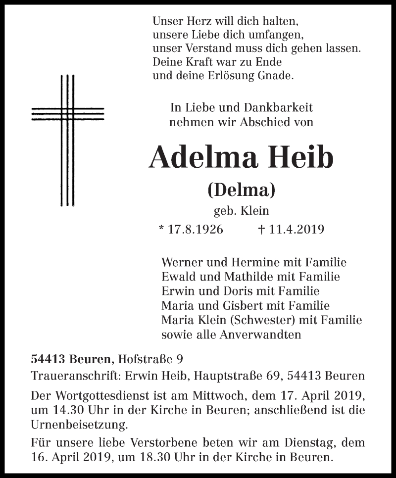  Traueranzeige für Adelma Heib vom 15.04.2019 aus trierischer_volksfreund