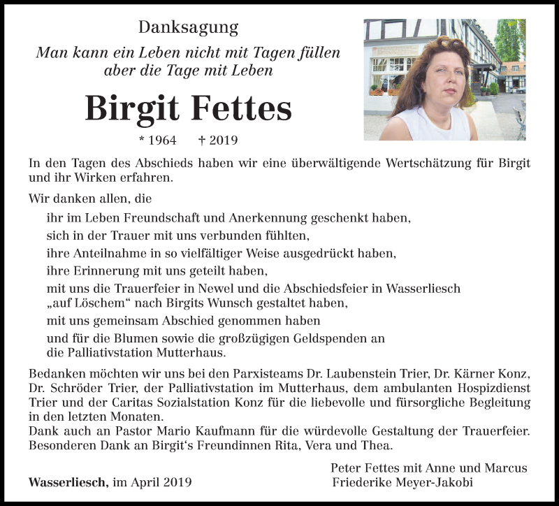  Traueranzeige für Birgit Fettes vom 13.04.2019 aus trierischer_volksfreund