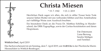 Traueranzeige von Christa Miesen von trierischer_volksfreund