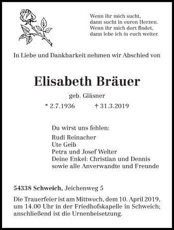 Traueranzeige von Elisabeth Bräuer von trierischer_volksfreund