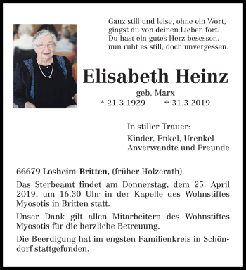 Traueranzeige von Elisabeth Heinz von trierischer_volksfreund