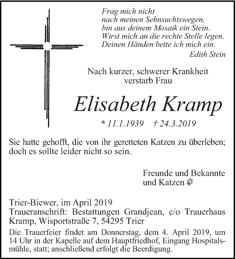  Traueranzeige für Elisabeth Kramp vom 03.04.2019 aus trierischer_volksfreund