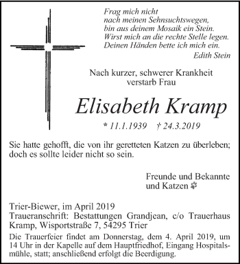 Traueranzeige von Elisabeth Kramp von trierischer_volksfreund