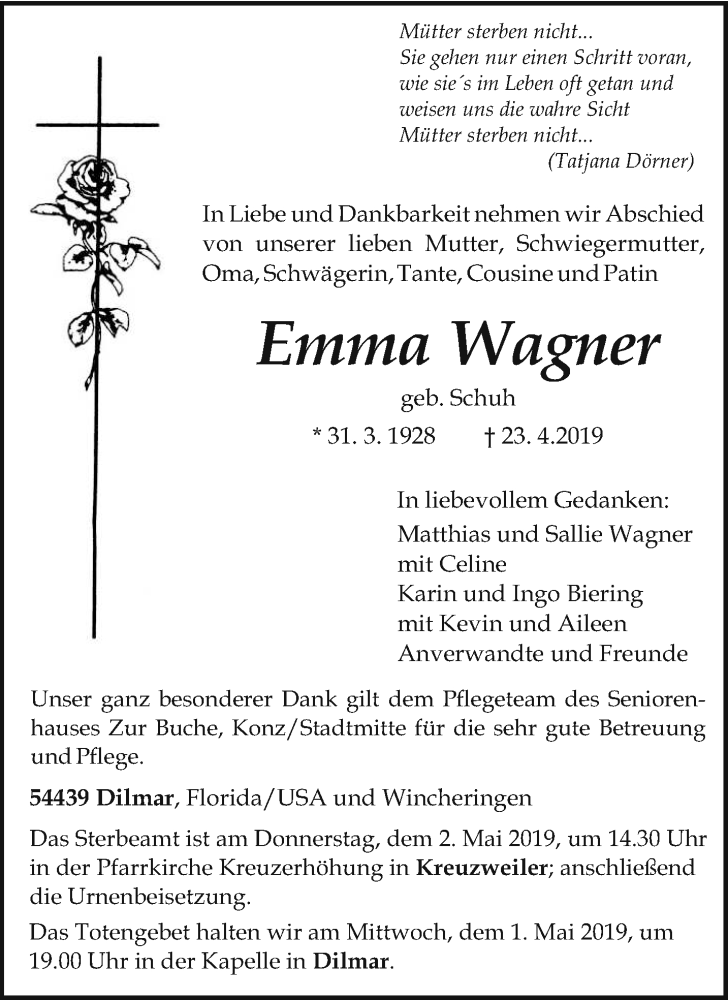 Traueranzeigen von Emma Wagner | Volksfreund.Trauer.de