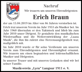 Traueranzeige von Erich Braun von trierischer_volksfreund