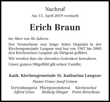 Traueranzeige von Erich Braun von trierischer_volksfreund