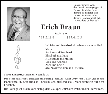 Traueranzeige von Erich Braun von trierischer_volksfreund
