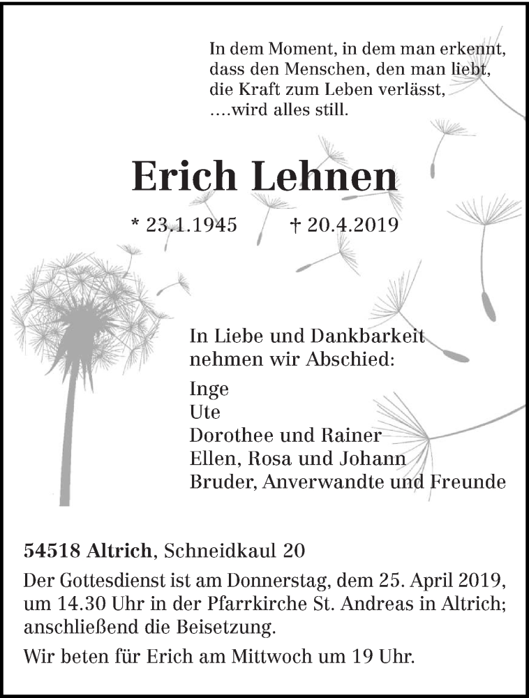  Traueranzeige für Erich Lehnen vom 24.04.2019 aus trierischer_volksfreund