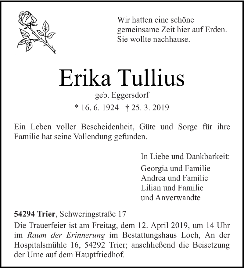  Traueranzeige für Erika Tullius vom 06.04.2019 aus trierischer_volksfreund