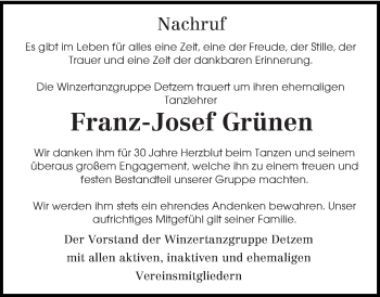 Traueranzeige von Franz-Josef Grünen von trierischer_volksfreund