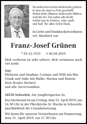 Traueranzeige von Franz-Josef Grünen von trierischer_volksfreund
