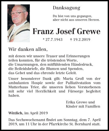 Traueranzeige von Franz Josef Grewe von trierischer_volksfreund