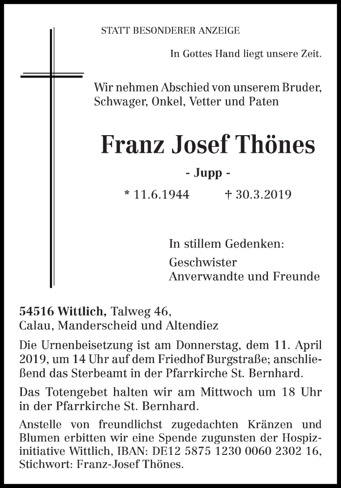  Traueranzeige für Franz Josef Thönes vom 06.04.2019 aus trierischer_volksfreund