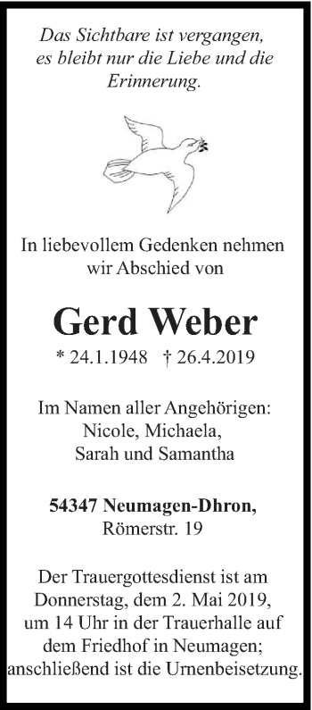 Traueranzeige von Gerd Weber von trierischer_volksfreund
