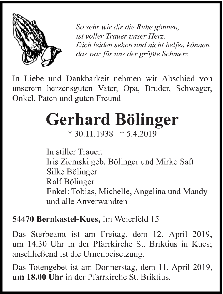  Traueranzeige für Gerhard Bölinger vom 09.04.2019 aus trierischer_volksfreund