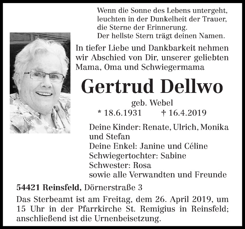  Traueranzeige für Gertrud Dellwo vom 20.04.2019 aus trierischer_volksfreund