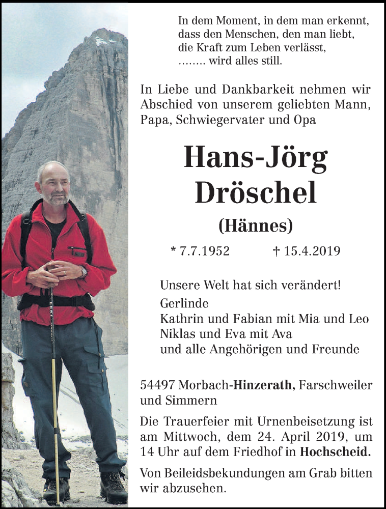  Traueranzeige für Hans-Jörg Dröschel vom 17.04.2019 aus trierischer_volksfreund