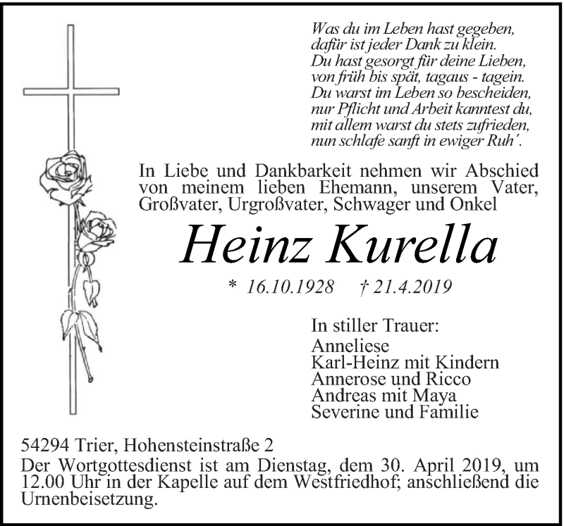  Traueranzeige für Heinz Kurella vom 27.04.2019 aus trierischer_volksfreund