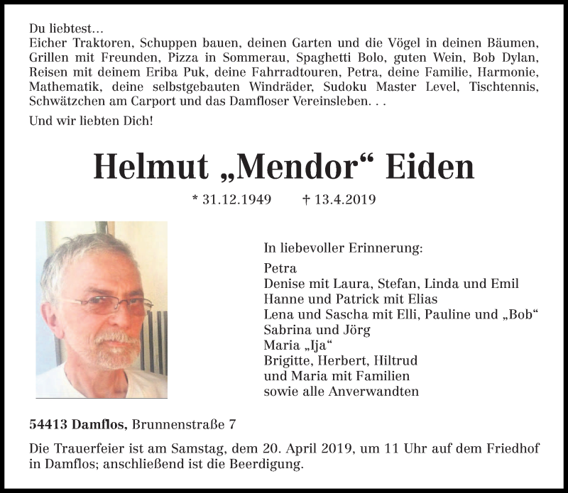  Traueranzeige für Helmut Eiden vom 17.04.2019 aus trierischer_volksfreund