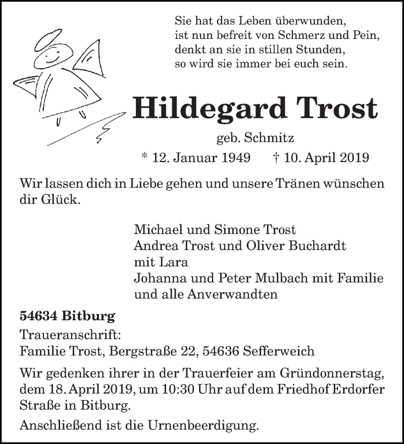  Traueranzeige für Hildegard Trost vom 13.04.2019 aus trierischer_volksfreund